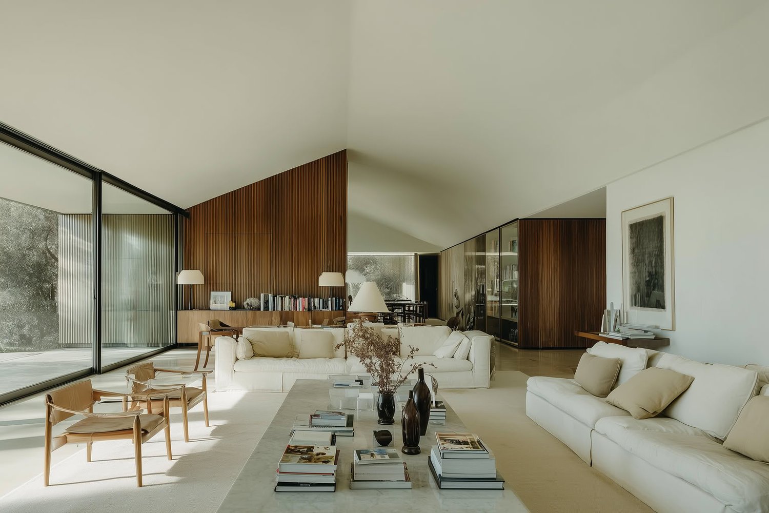 Spacious modern living room with white sofas, wooden walls, large windows, and natural light.