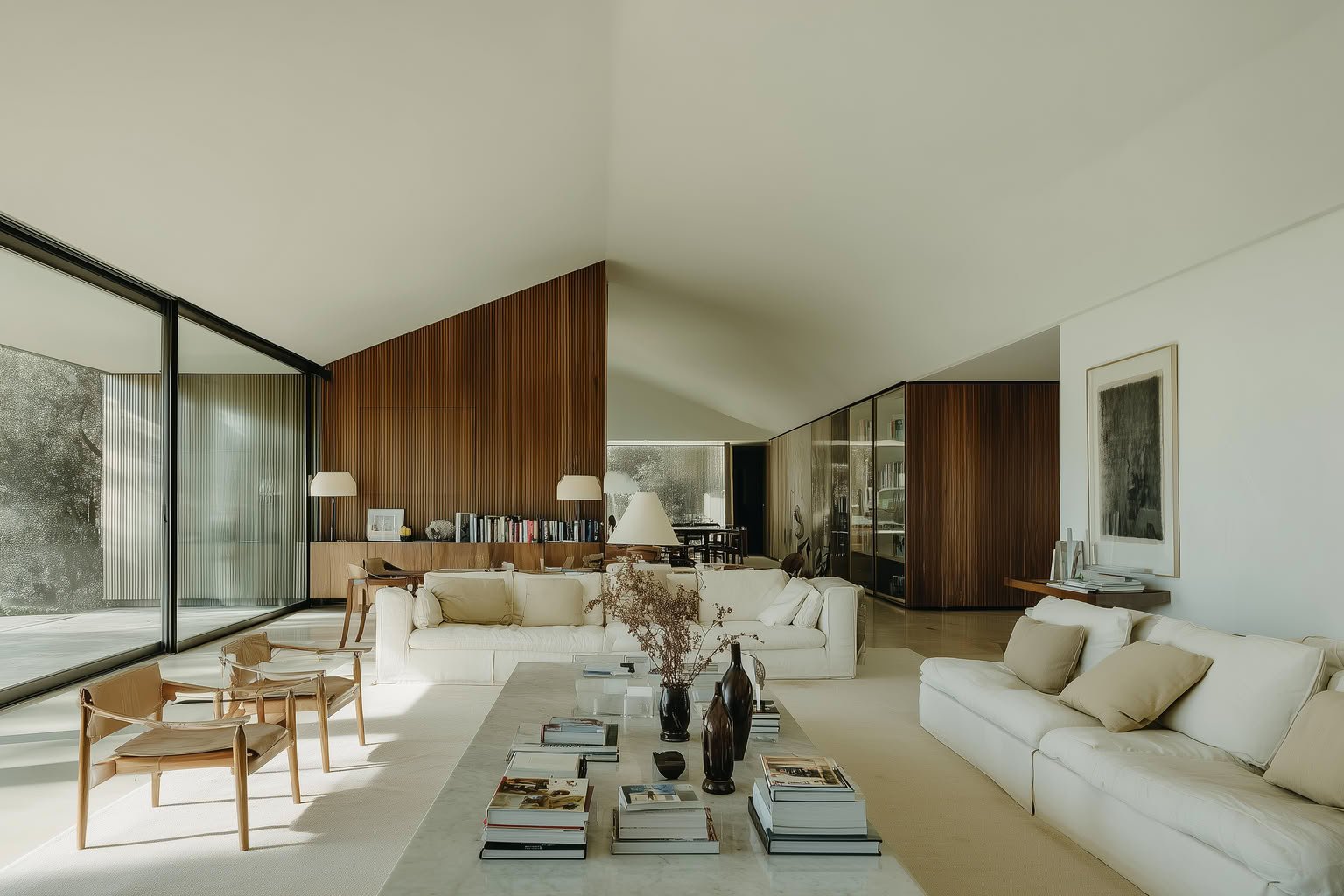 Spacious modern living room with white sofas, wooden walls, large windows, and natural light.