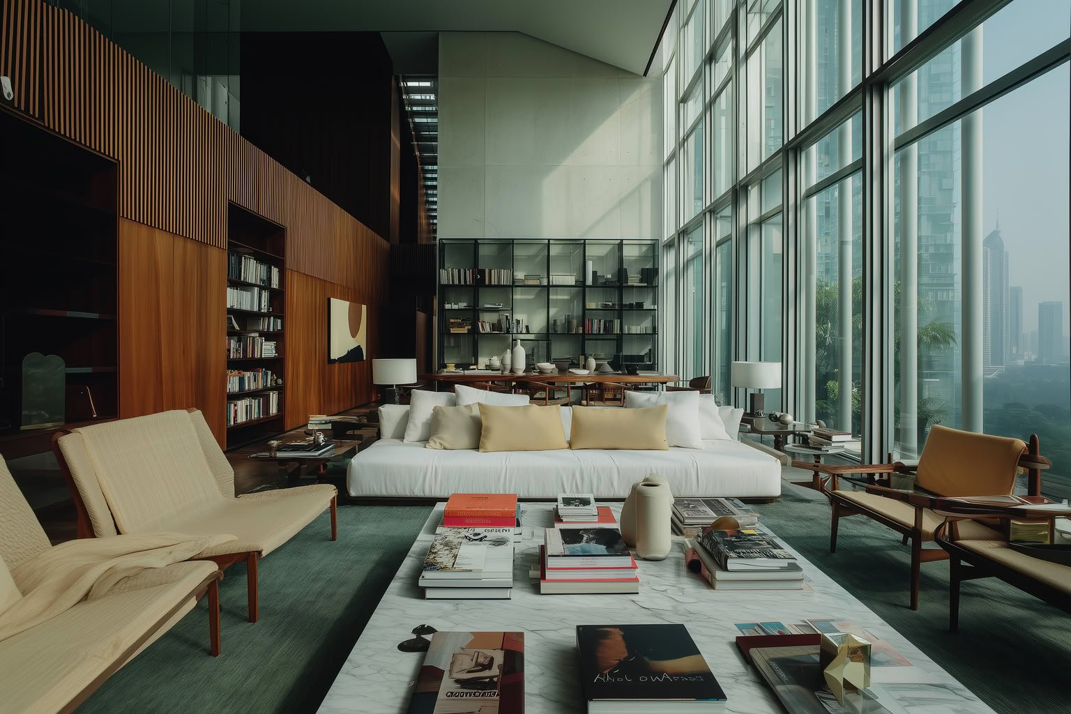 Modern living room with floor-to-ceiling windows, wood panels, white sofa, and city view.