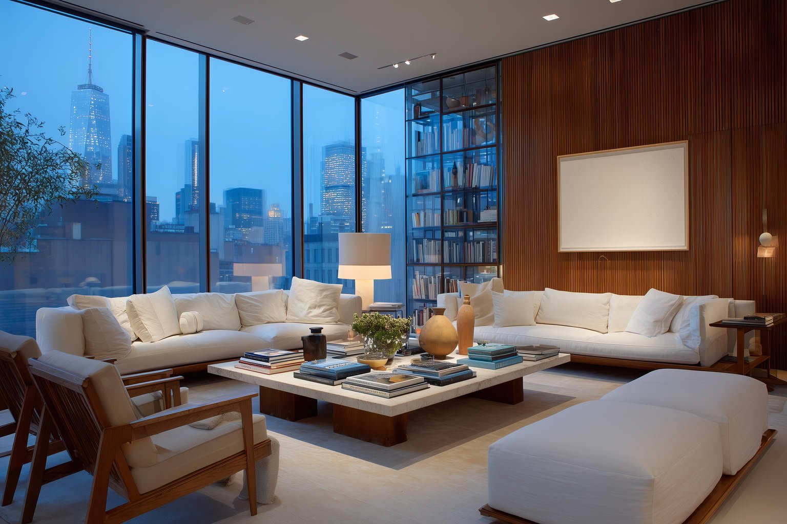 Modern penthouse living room with white sofas, warm wood walls, and city views.