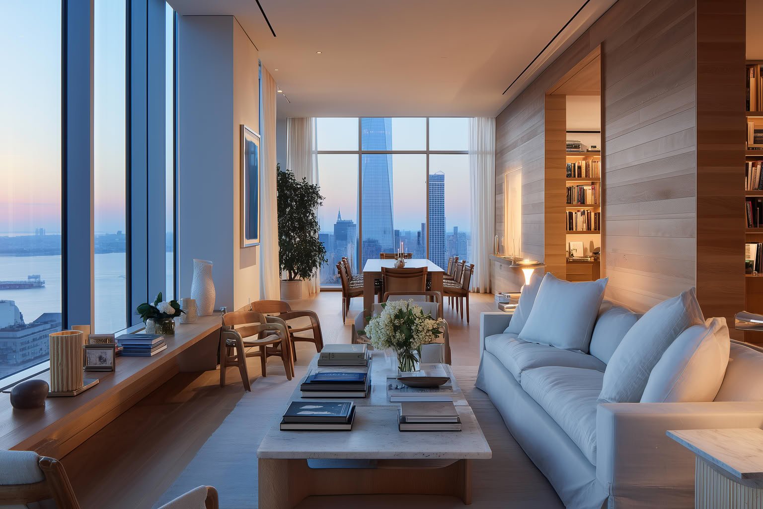 Modern penthouse living room with city view, light wood, white sofas, and warm lighting.