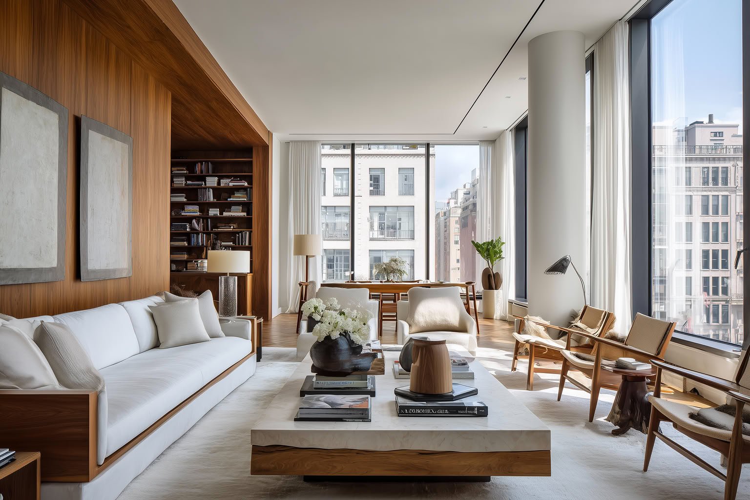 Large modern living room with warm wood walls, white sofa, stone coffee table, and city views through floor-to-ceiling windows.
