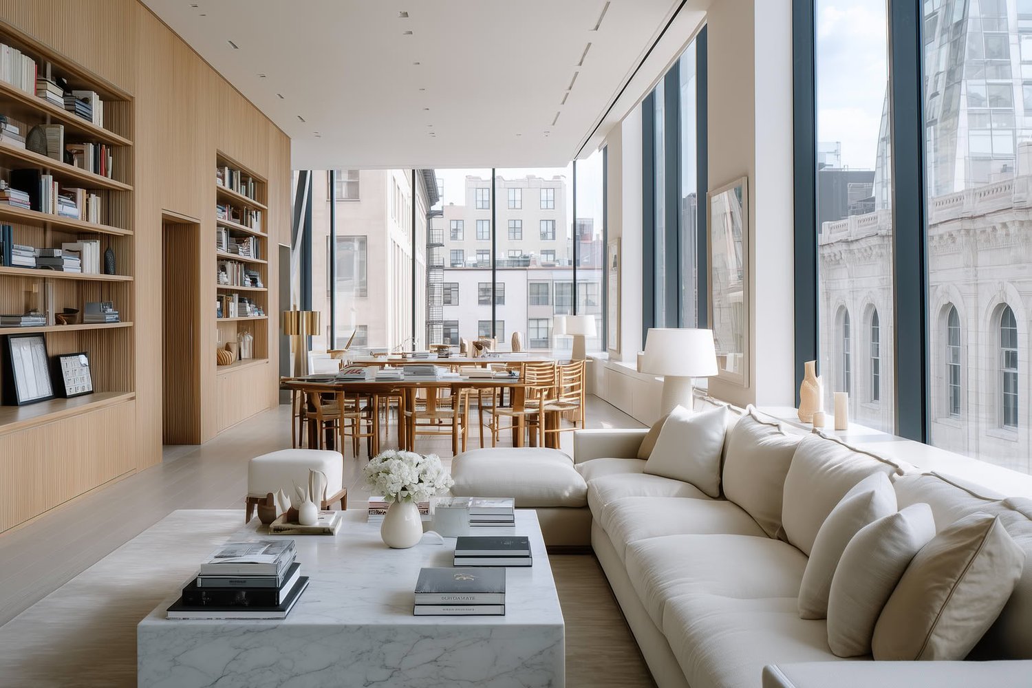 Modern living room with a cream sofa, marble coffee table, wood shelves, and large windows with city views.