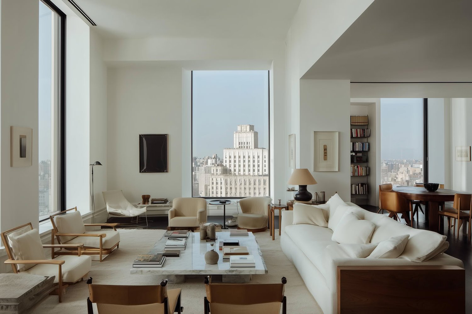 Modern minimalist living room with white walls, large windows, light wood furniture, and city views.