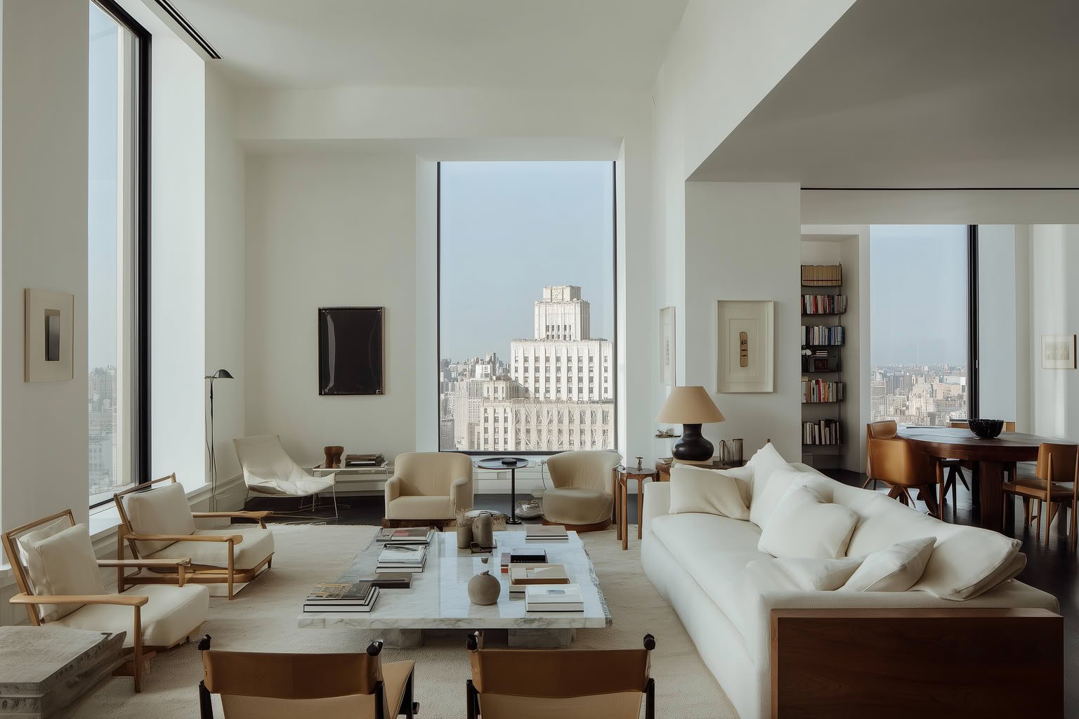 Modern minimalist living room with white walls, large windows, light wood furniture, and city views.