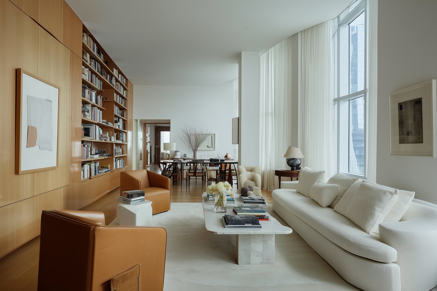 Bright living room with wood shelves, white sofa, brown armchairs, and tall windows.