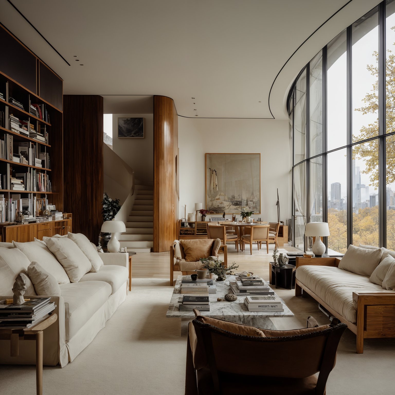 Bright, spacious living room with large curved windows, white sofas, and warm wood details.