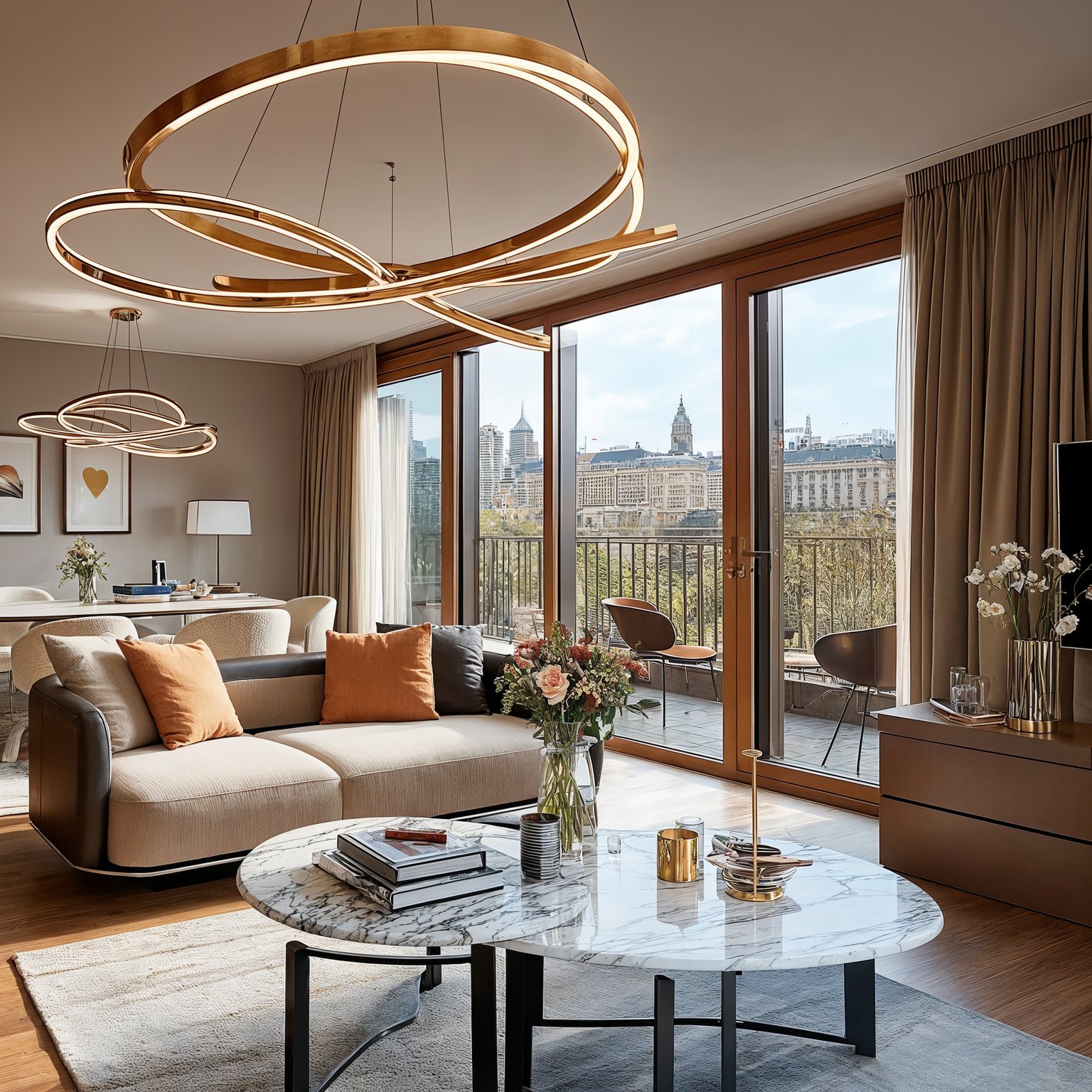 Modern luxury living room with sculptural gold chandeliers, marble table, and city view.