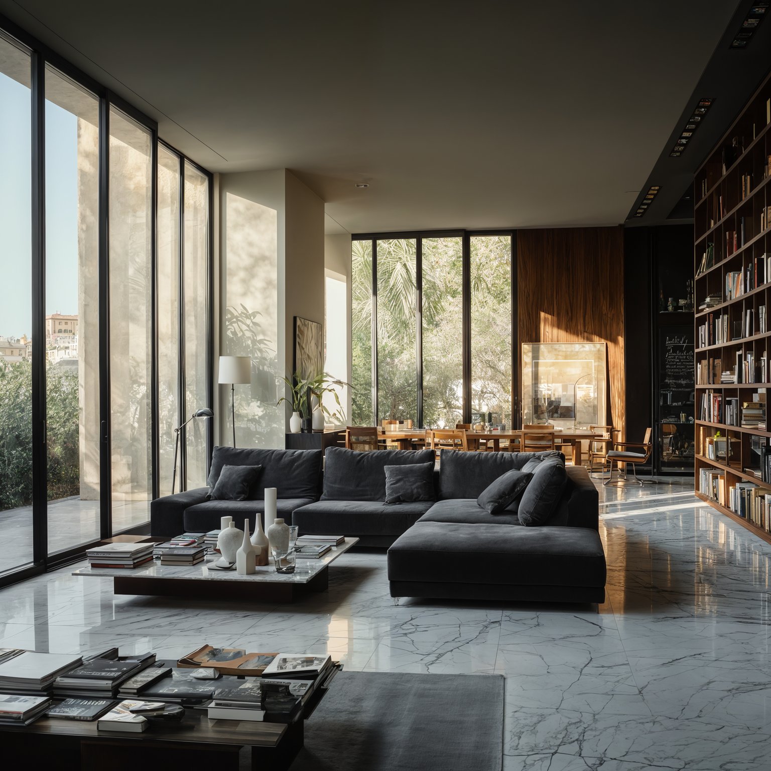 Modern living room with floor-to-ceiling windows, marble floor, dark sofa, and large bookcase.