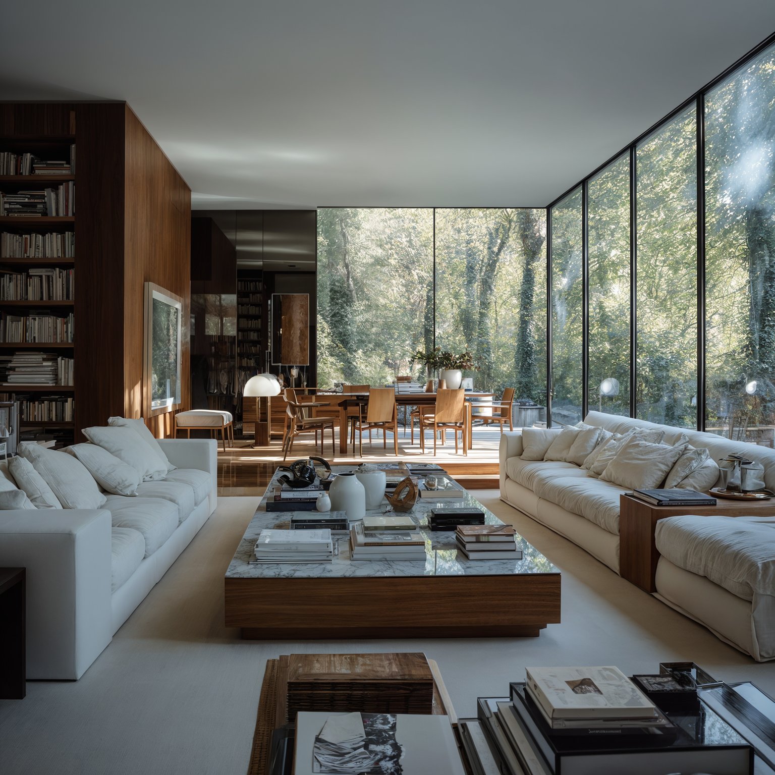 Bright modern living room, white sofas, wood, marble, and full-height windows to forest.