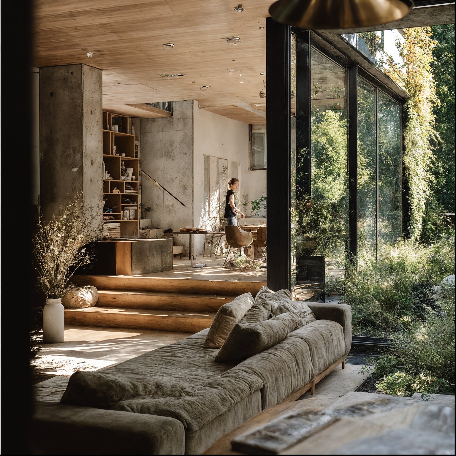 Modern living space with concrete walls, warm wood, and floor-to-ceiling glass to lush greenery.