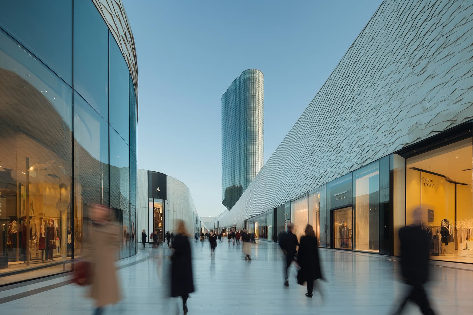A modern outdoor shopping promenade with curved glass buildings, textured facades, a tall skyscraper, and blurred people walking.