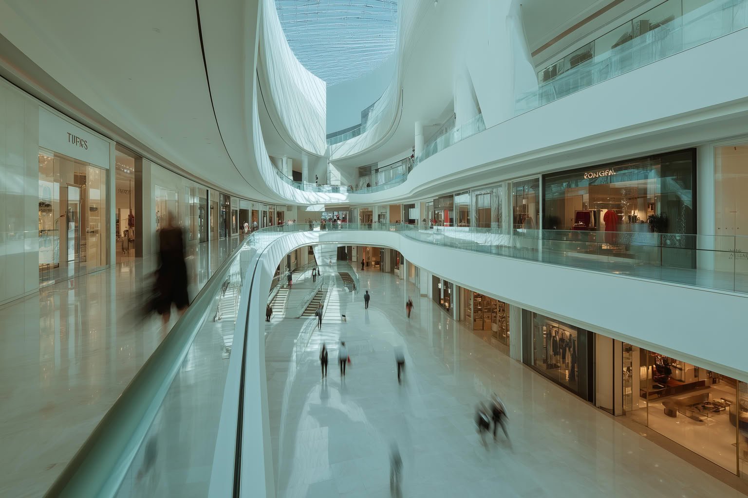 Multi-level modern shopping mall interior with curved white walls, glass railings, blurred people, and skylight.