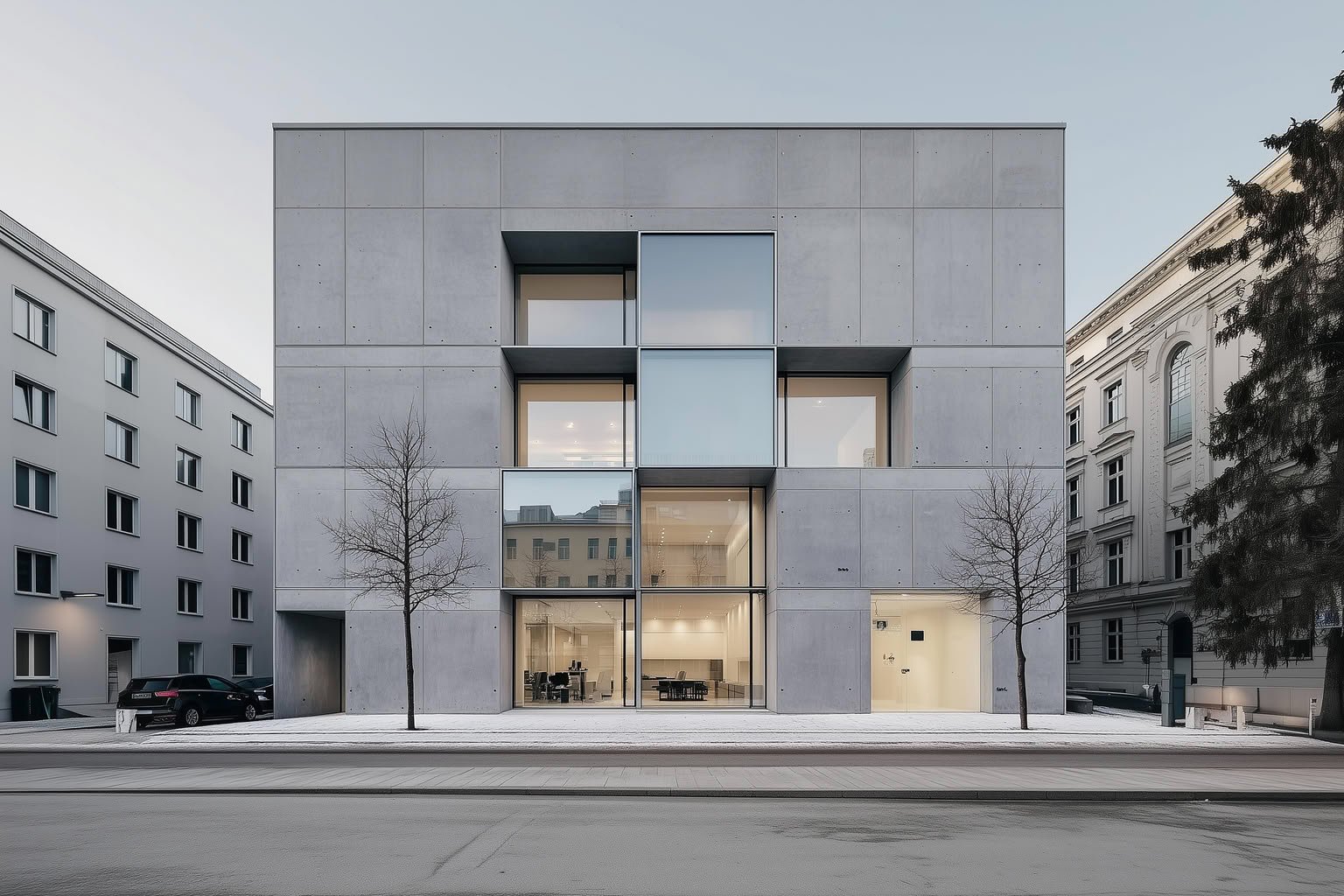 Modern concrete facade with a grid of glass windows and bare trees on a winter day.