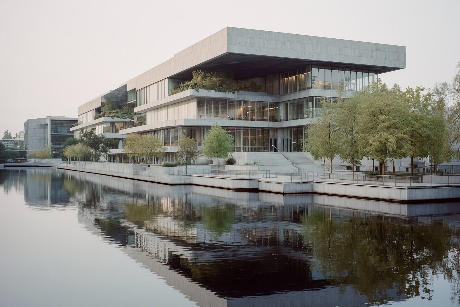 Modern concrete and glass building with terraced gardens, reflected in calm water.
