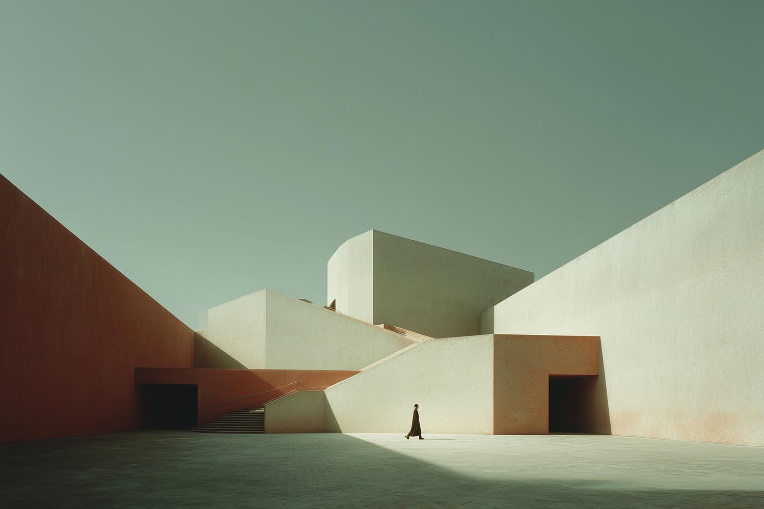 Geometric concrete architecture with a person walking in sunlight and deep shadows.