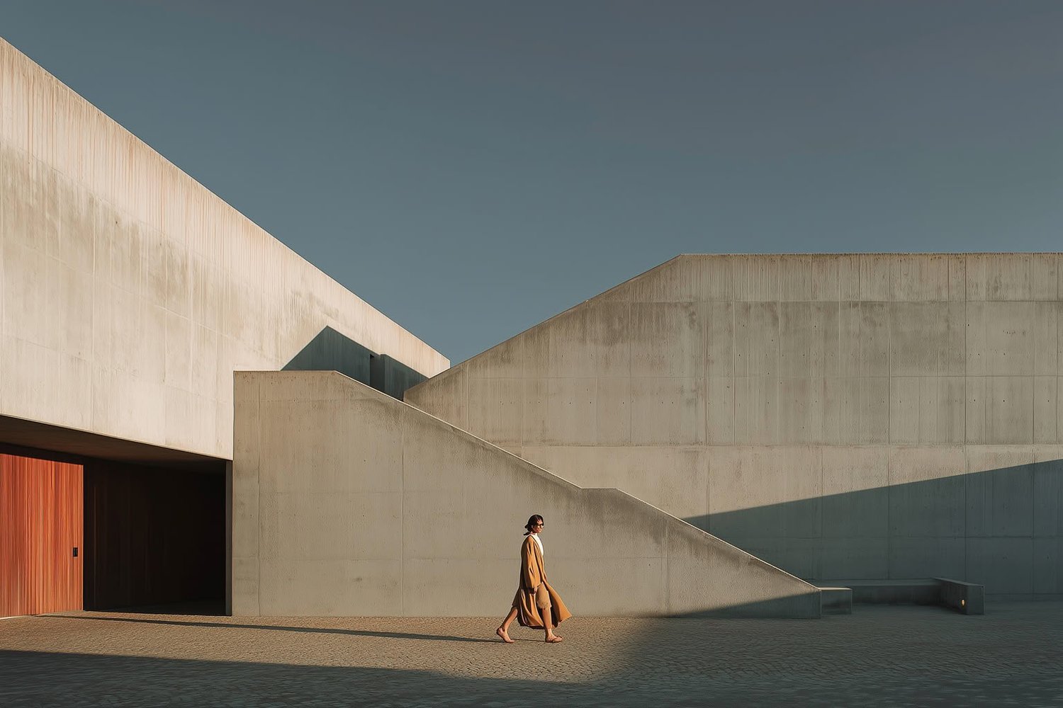 A person walks past stark concrete brutalist architecture under a clear sky.