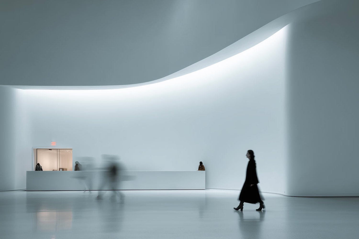 Minimalist gallery with curved ceiling, diffuse light, reflective floor, and motion-blurred figures.