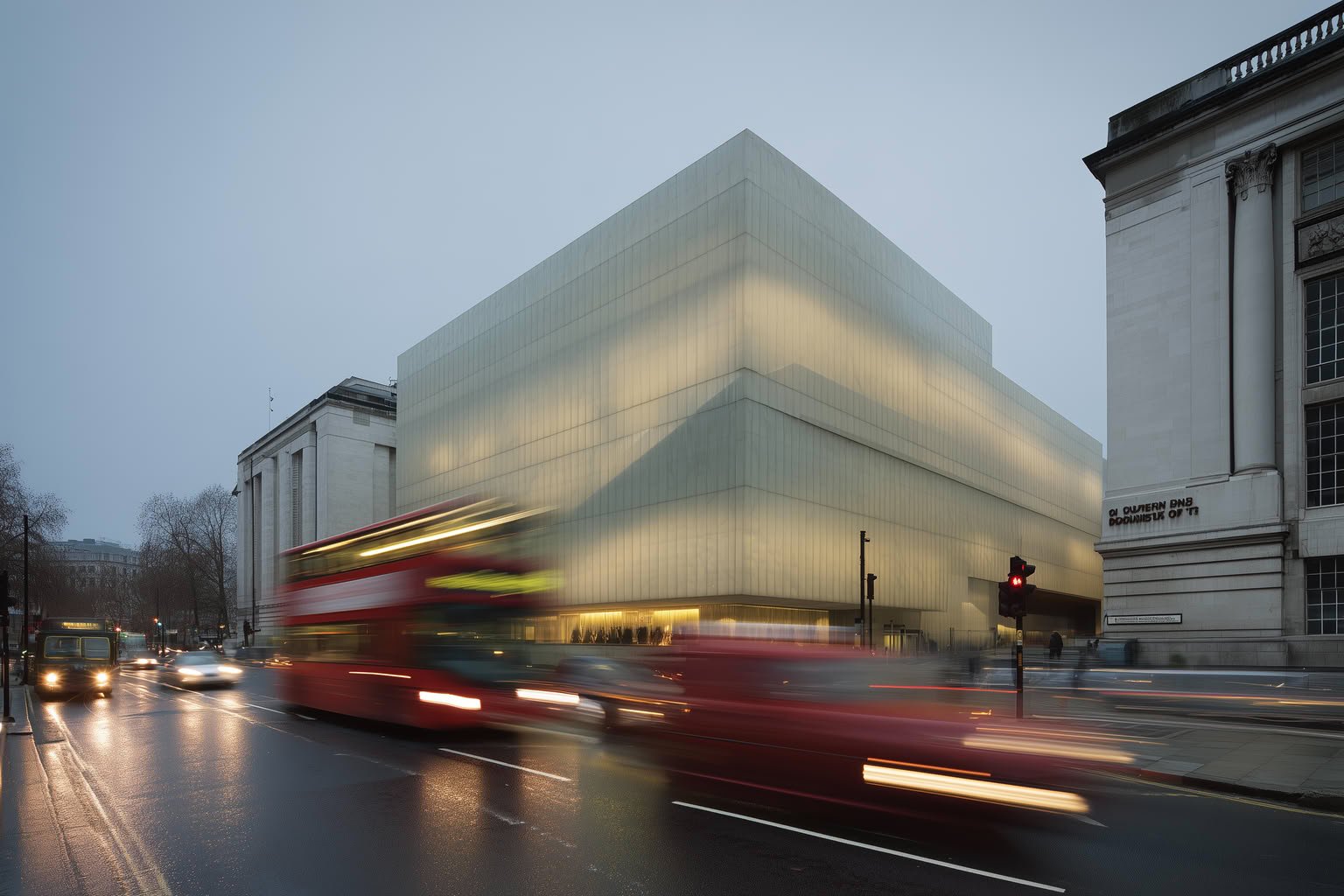 Modern building with glowing translucent facade on wet city street at dusk, blurred traffic.