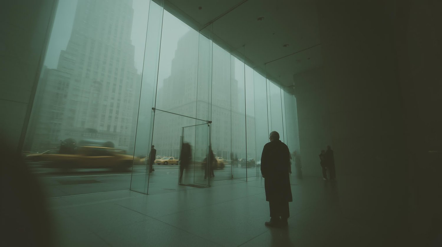 Foggy urban cityscape with blurred taxis viewed through a large glass wall.