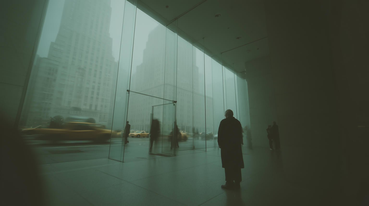 Foggy urban cityscape with blurred taxis viewed through a large glass wall.