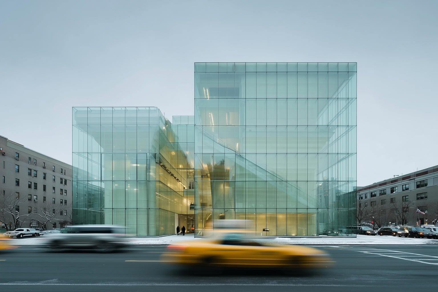 Modern glass building with illuminated interior and blurred cars on a snowy street.