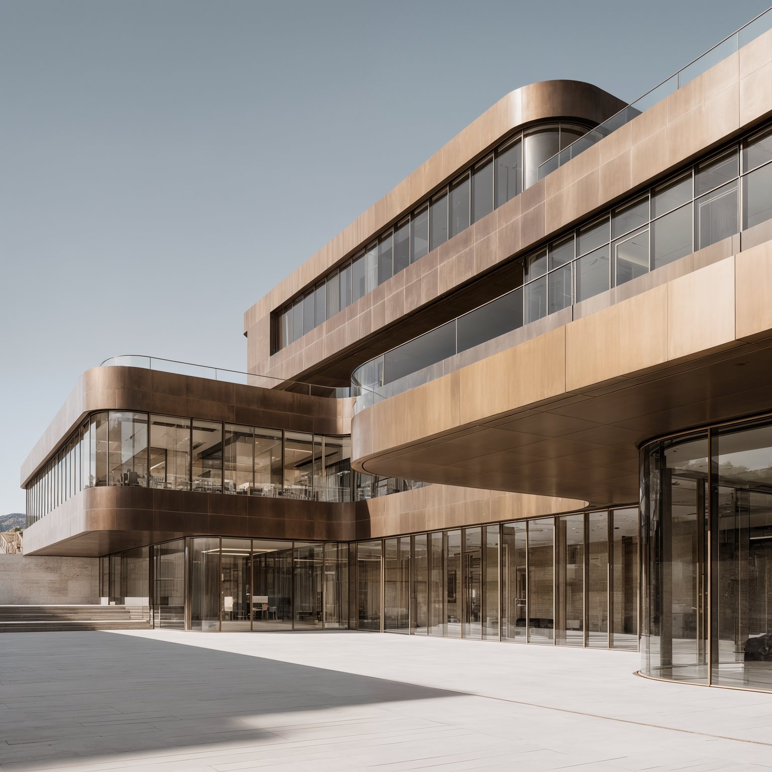 Modern building with curved bronze facade, floor-to-ceiling glass, and a light paved plaza.