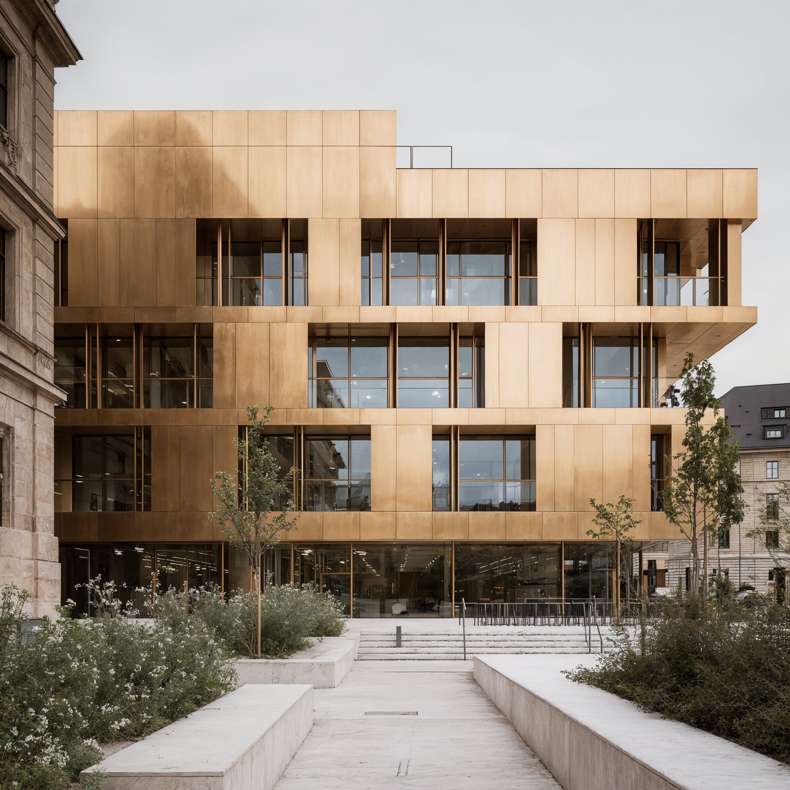 Contemporary building clad in warm metallic panels with large glass windows.