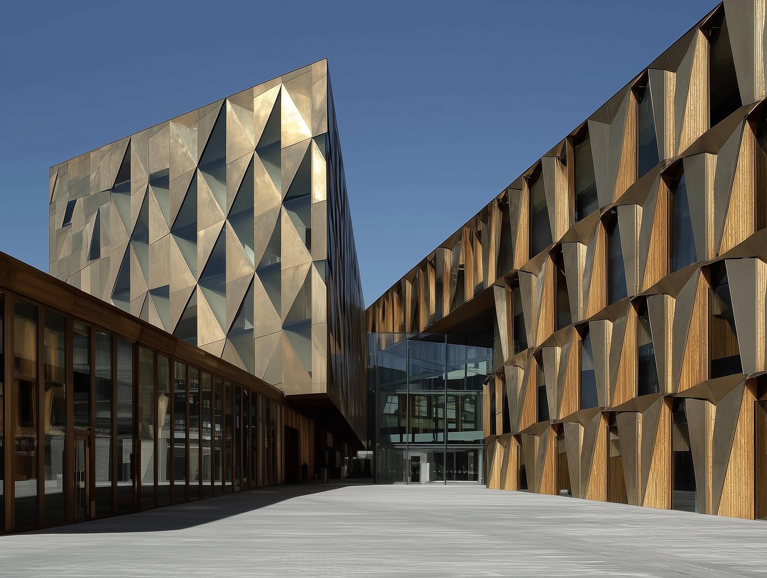 Modern building with faceted bronze facade, warm wood elements, and large glass windows.