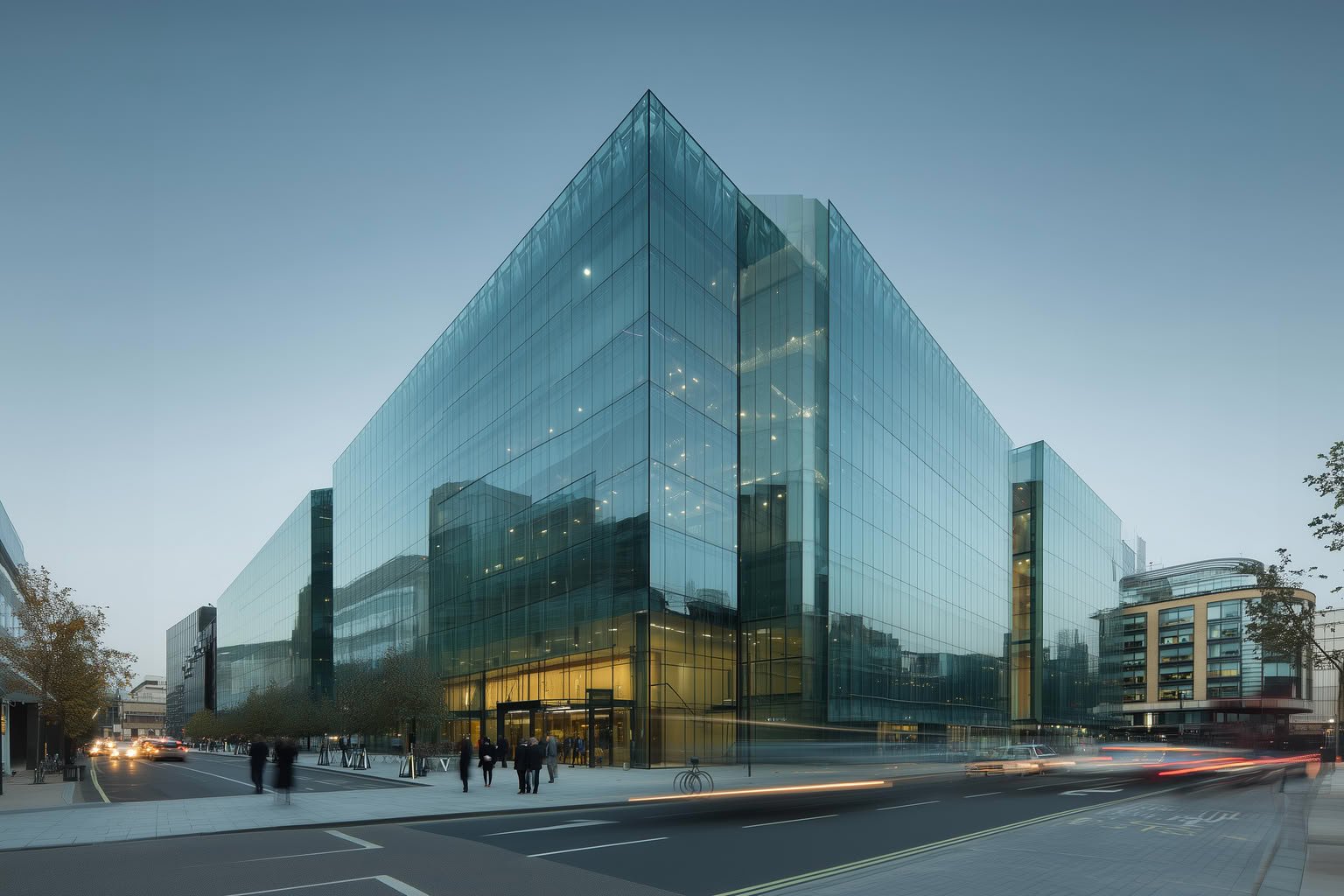 Modern glass office buildings at dusk with blurred people and vehicle light trails on a city street.