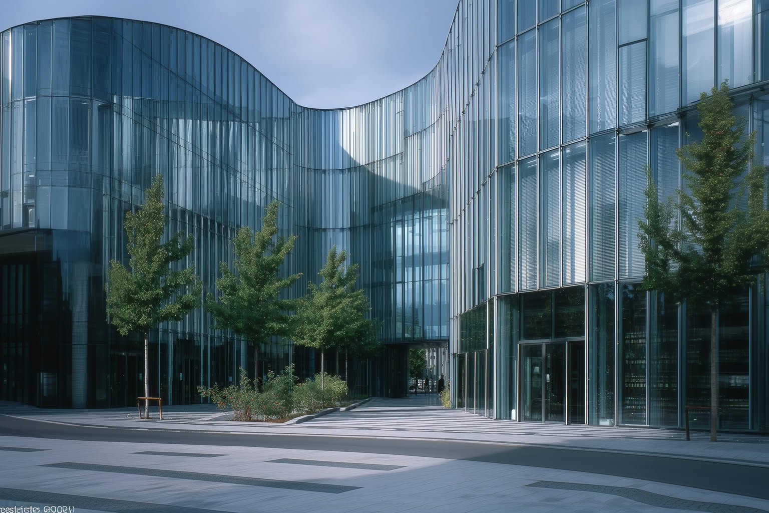 Modern building with a curved, multi-story glass facade and several green trees lining a paved courtyard.