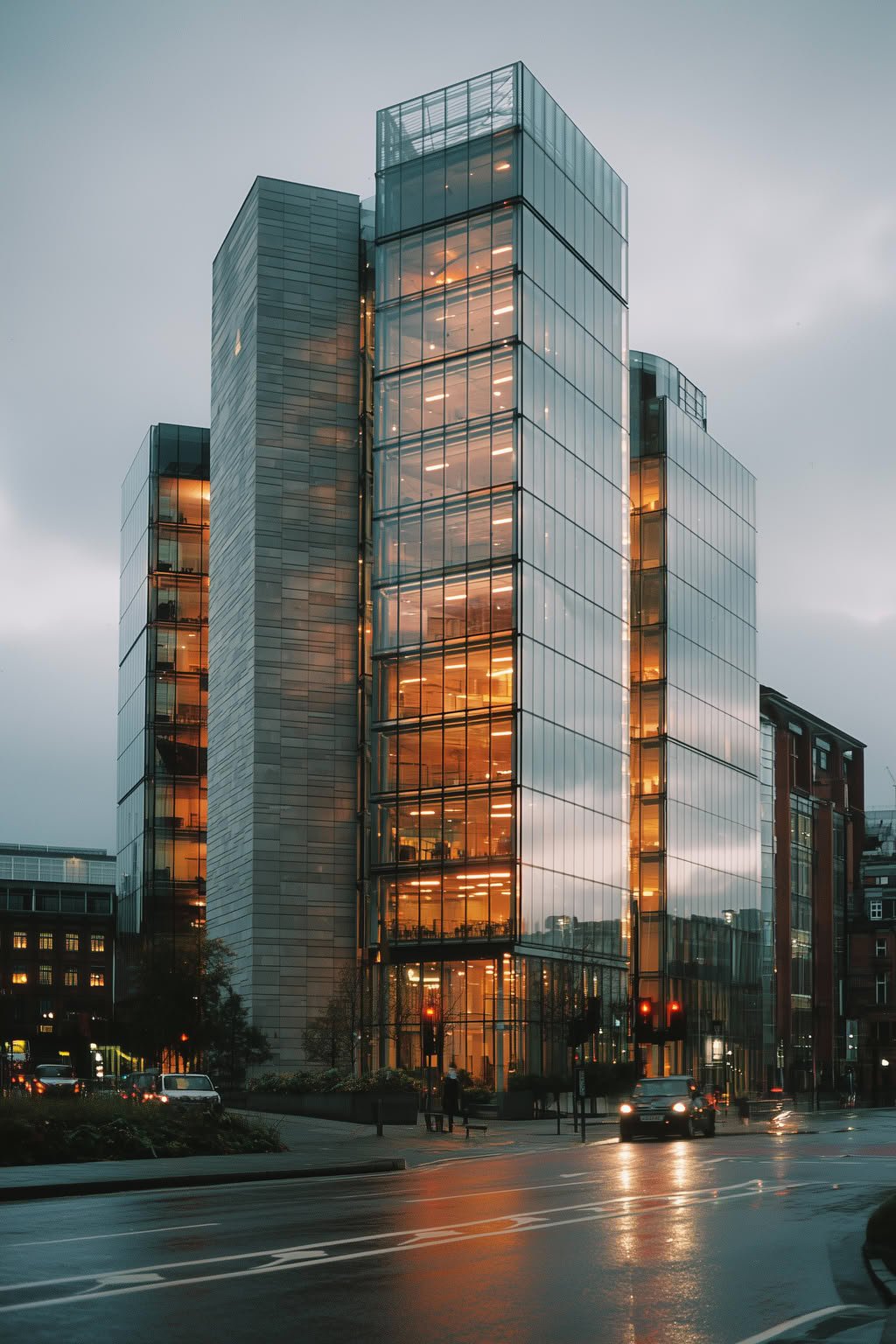 Modern glass and metal office buildings at dusk with warm interior lights, wet street.