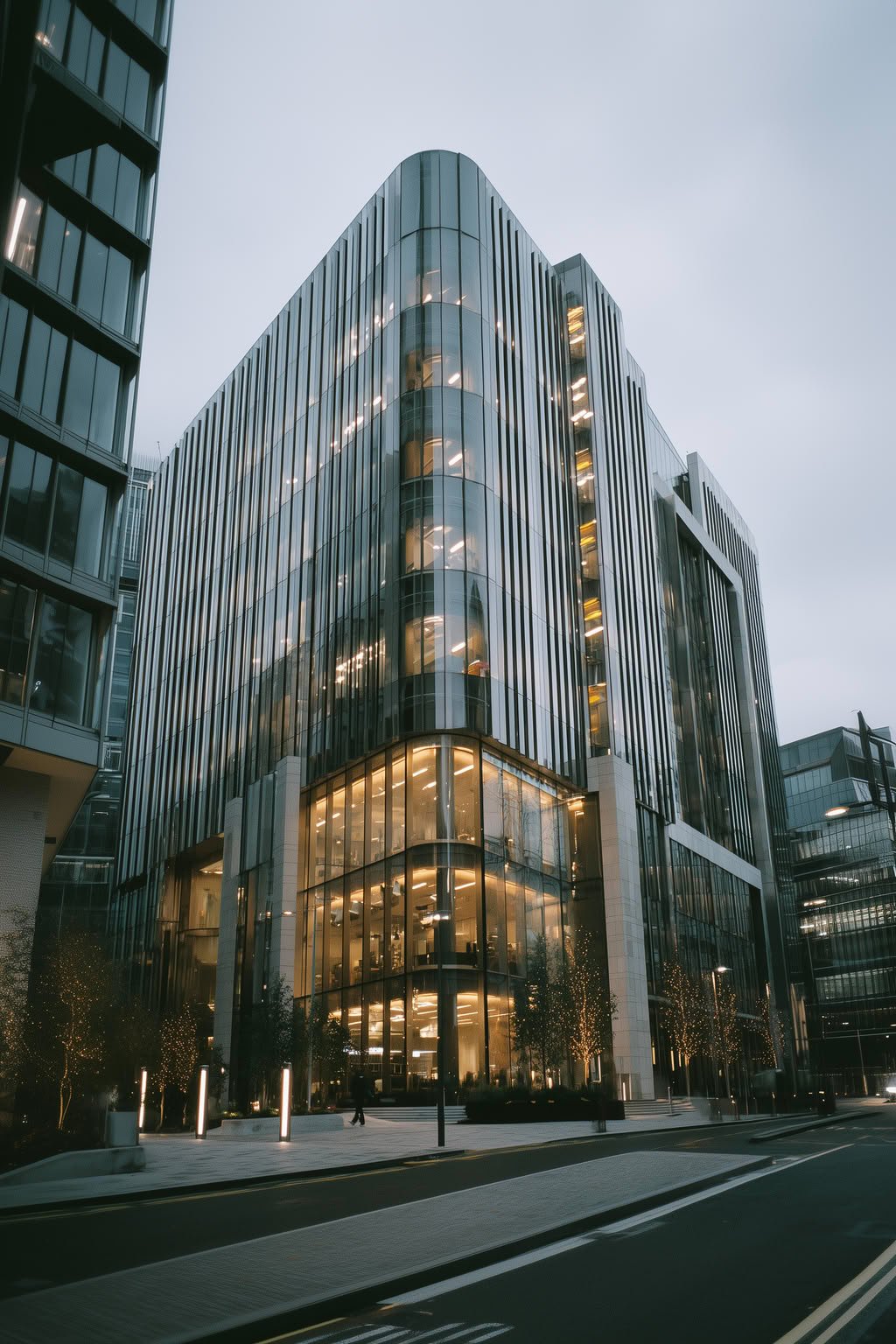 Modern glass office building with warm interior lights at dusk, street in foreground.