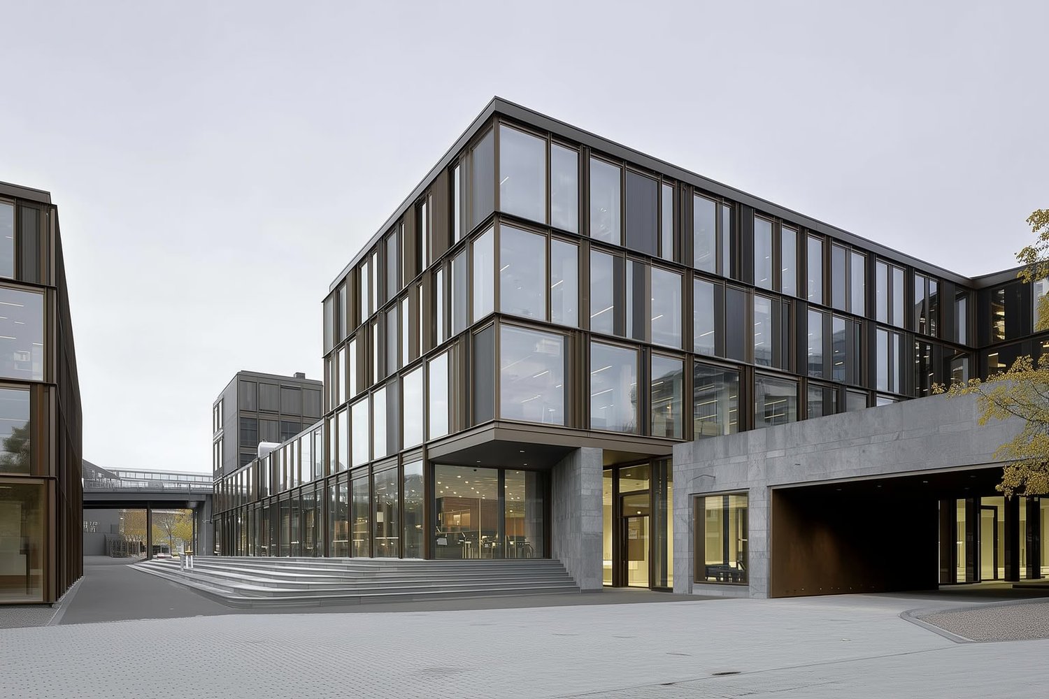 Modern office building with multi-story glass facade, dark frames, concrete, and grey paving.