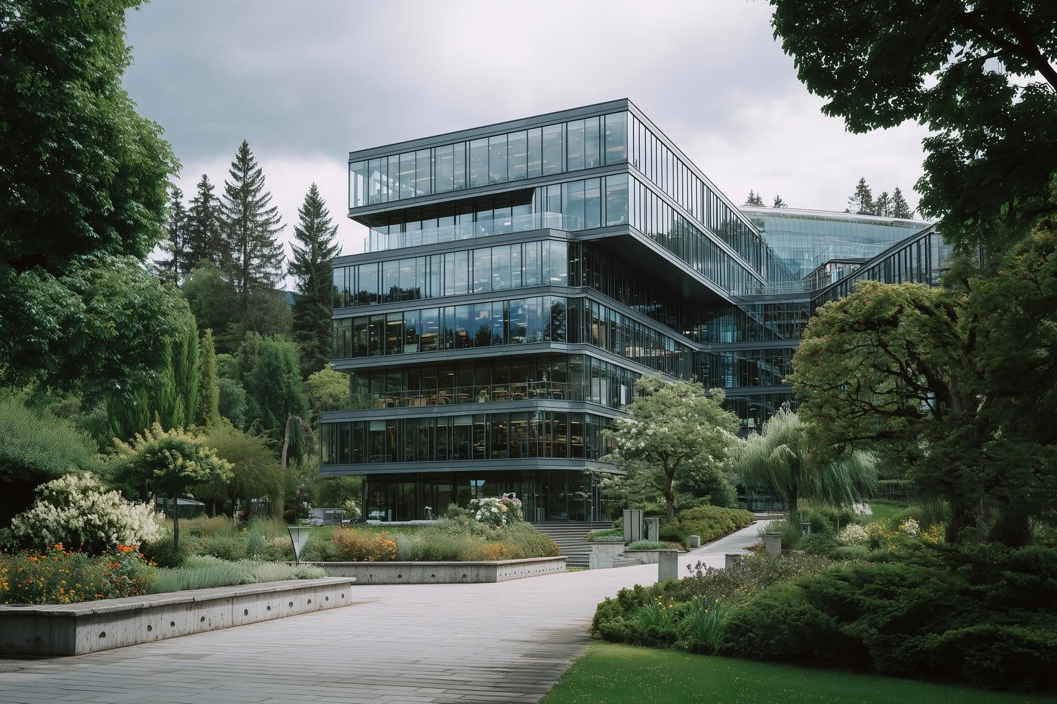 Modern glass office building with cantilevered floors, surrounded by lush green gardens and trees.