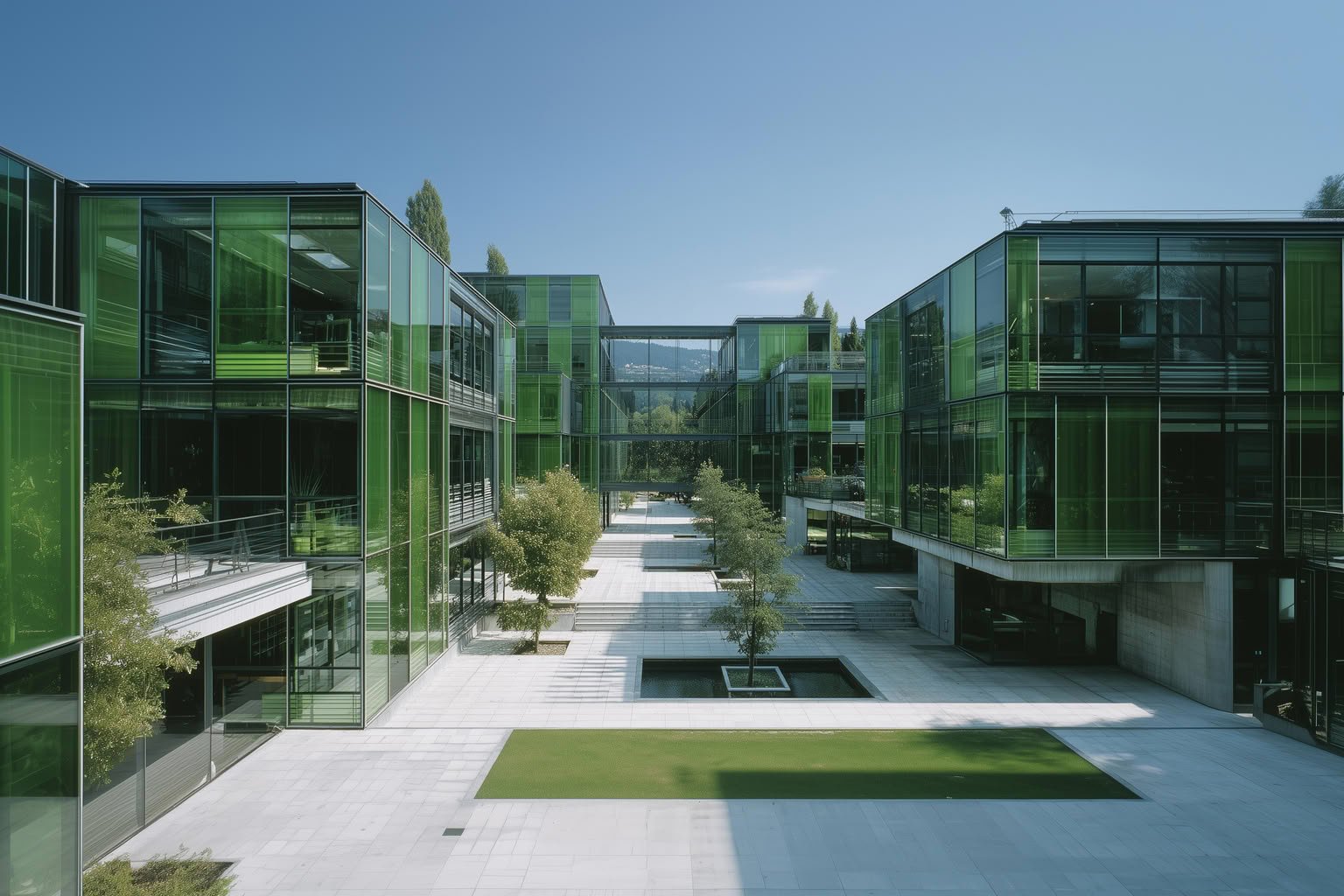 Modern campus with green glass buildings, connecting walkways, and a central landscaped courtyard.