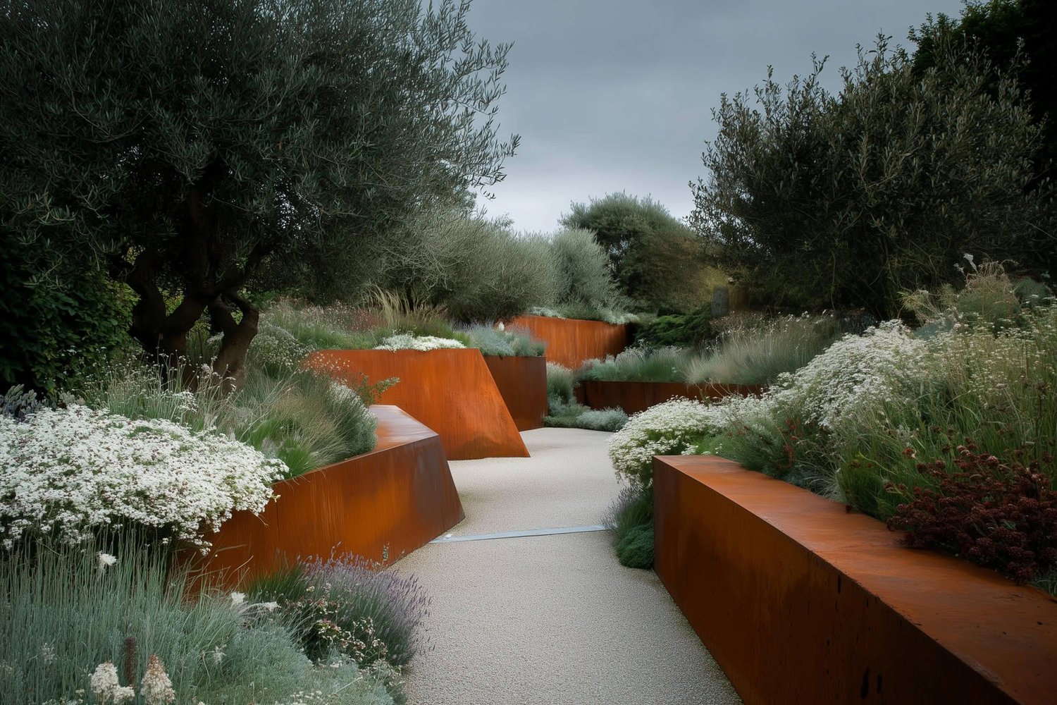Lush garden with tiered rusty steel planters, a light gravel path, and olive trees under a grey sky.