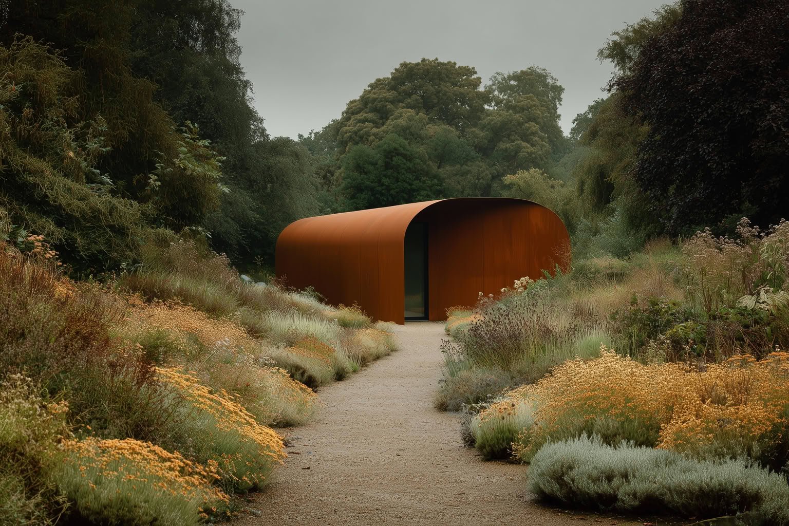 A curved, rusted metal building with a dark doorway sits among natural grasses and trees under an overcast sky.