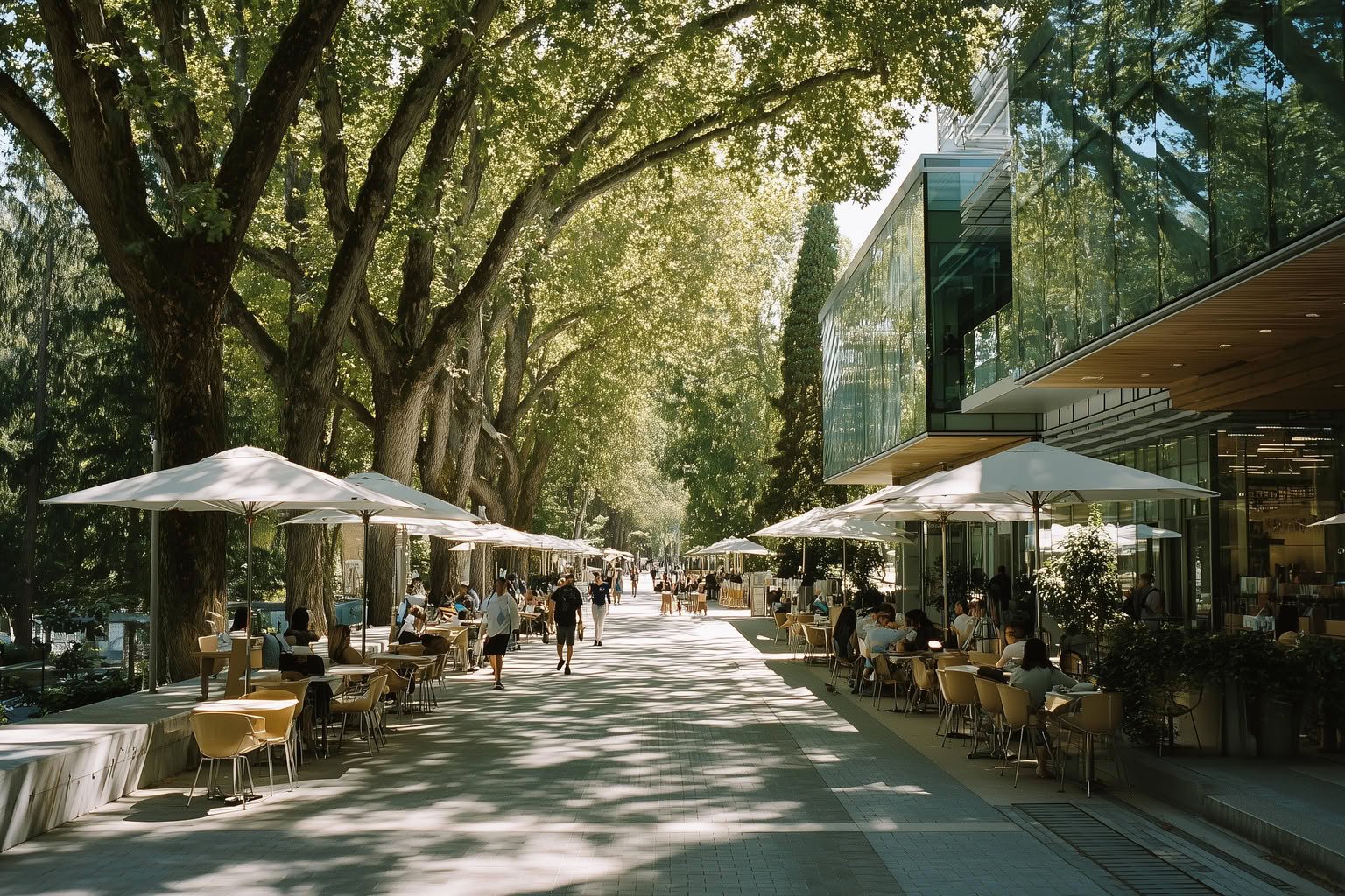 A sunlit pedestrian promenade lined with cafes, large trees, and a modern glass building.
