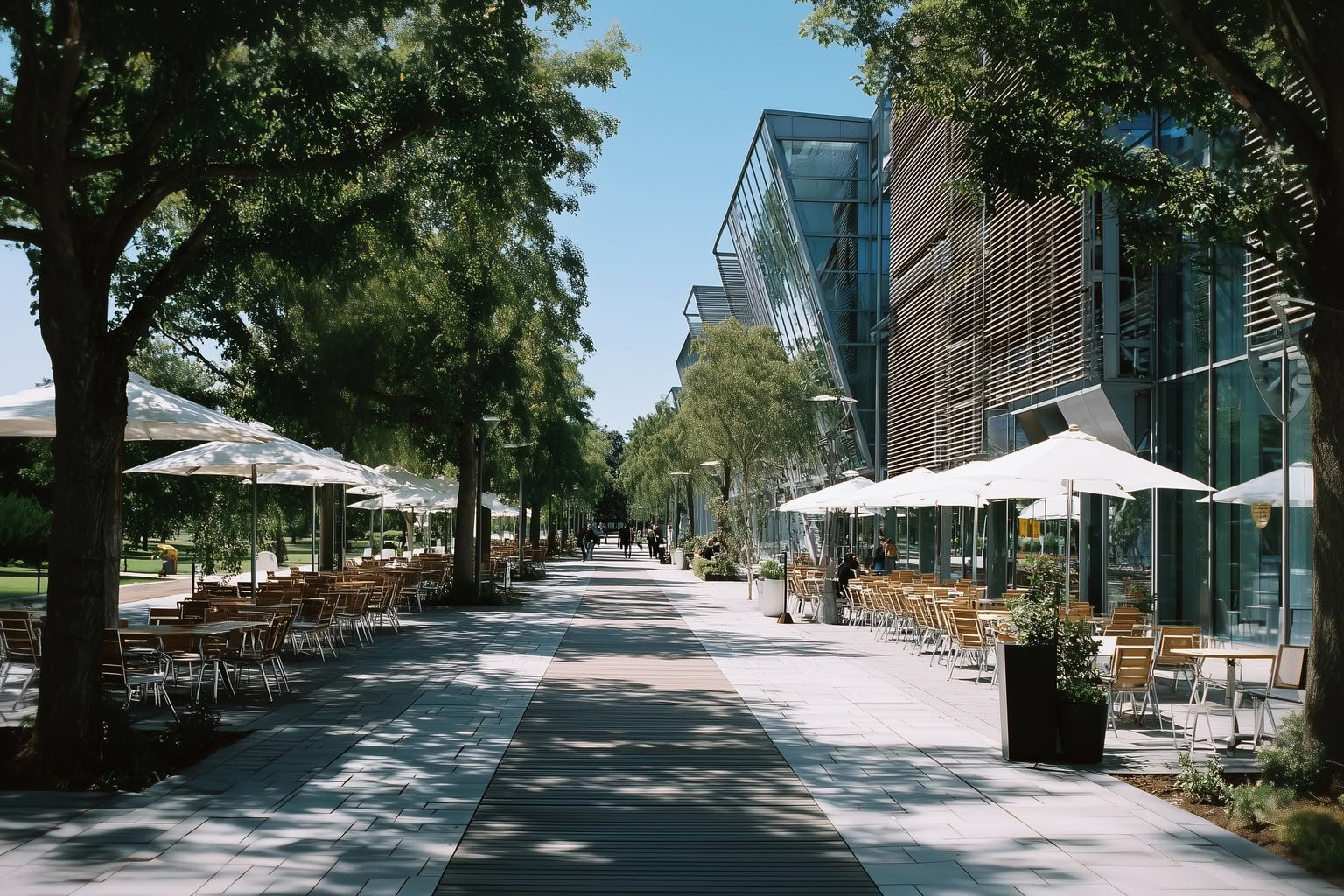Sunny tree-lined urban avenue with modern glass buildings and outdoor cafes.