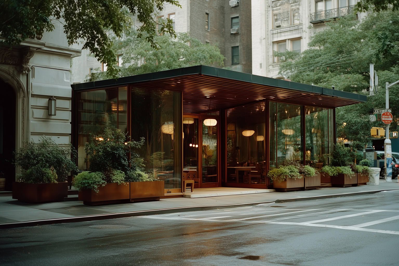 A modern glass-enclosed building with a warm wood interior and outdoor planters on a wet city street.