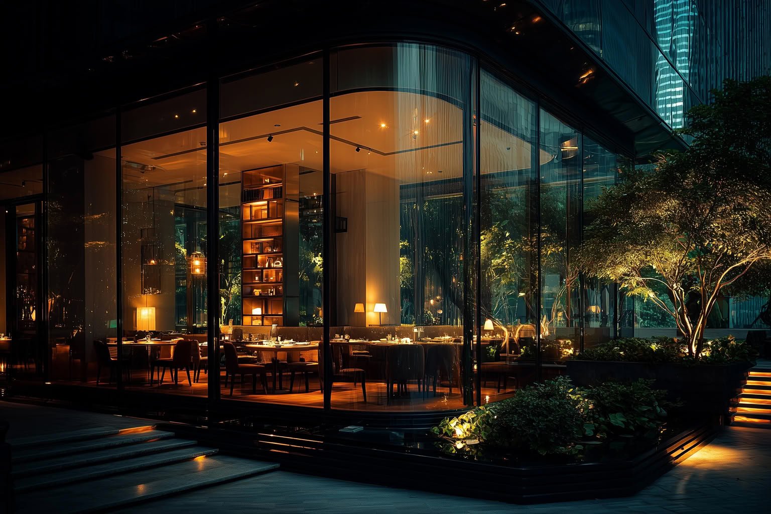 Exterior night view of a modern restaurant with floor-to-ceiling glass windows, warm interior lighting, and illuminated trees.