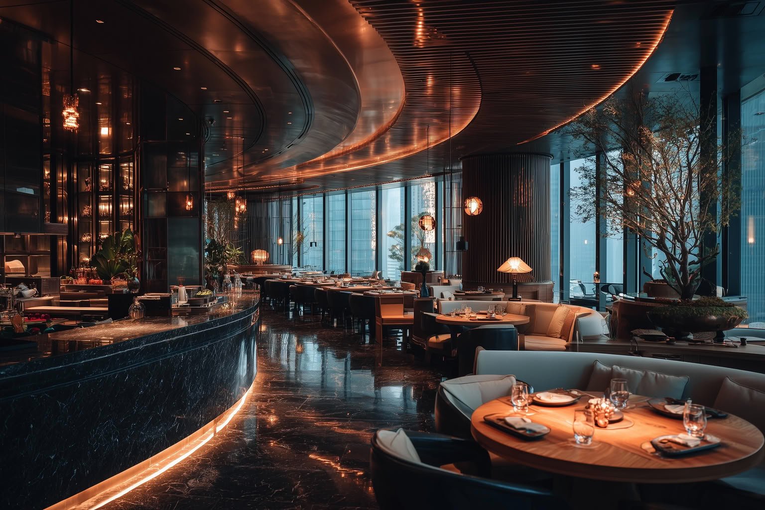 Upscale restaurant interior with curved bar, dark polished floors, warm lighting, and floor-to-ceiling windows overlooking a city.
