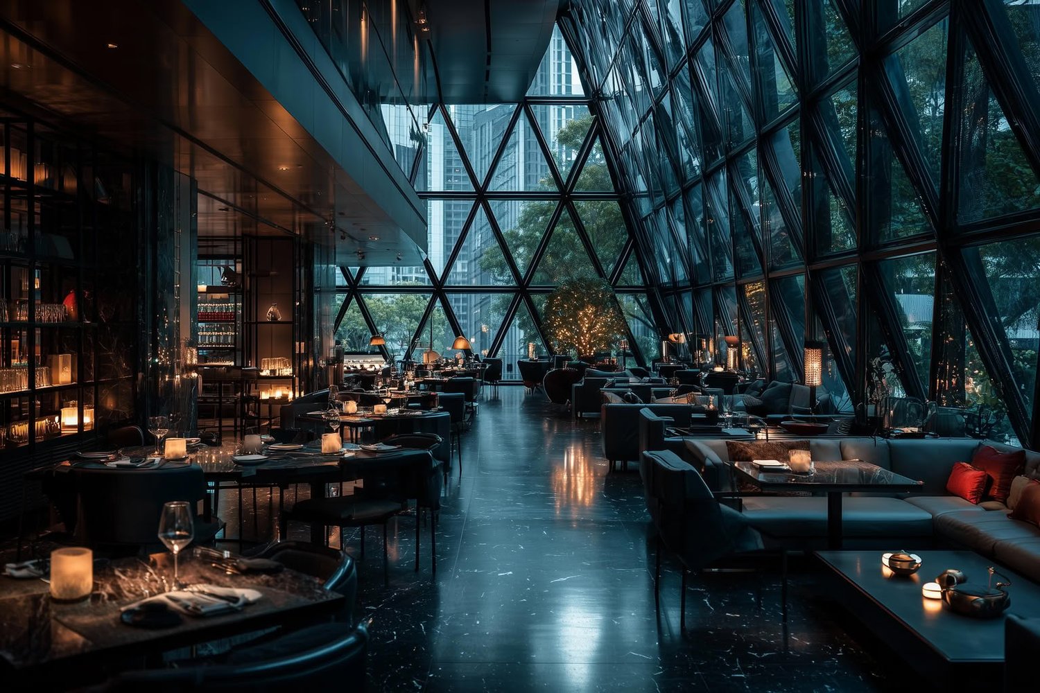 A luxurious, modern restaurant interior with dark furnishings, warm ambient lighting, and massive geometric glass windows overlooking a city and trees.