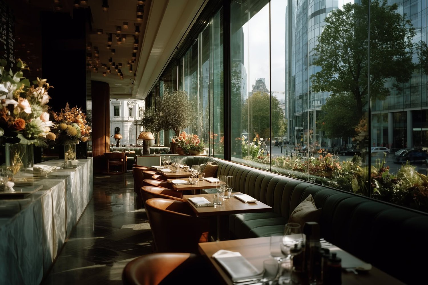 A modern restaurant interior with large windows, plush seating, and a bustling city view.