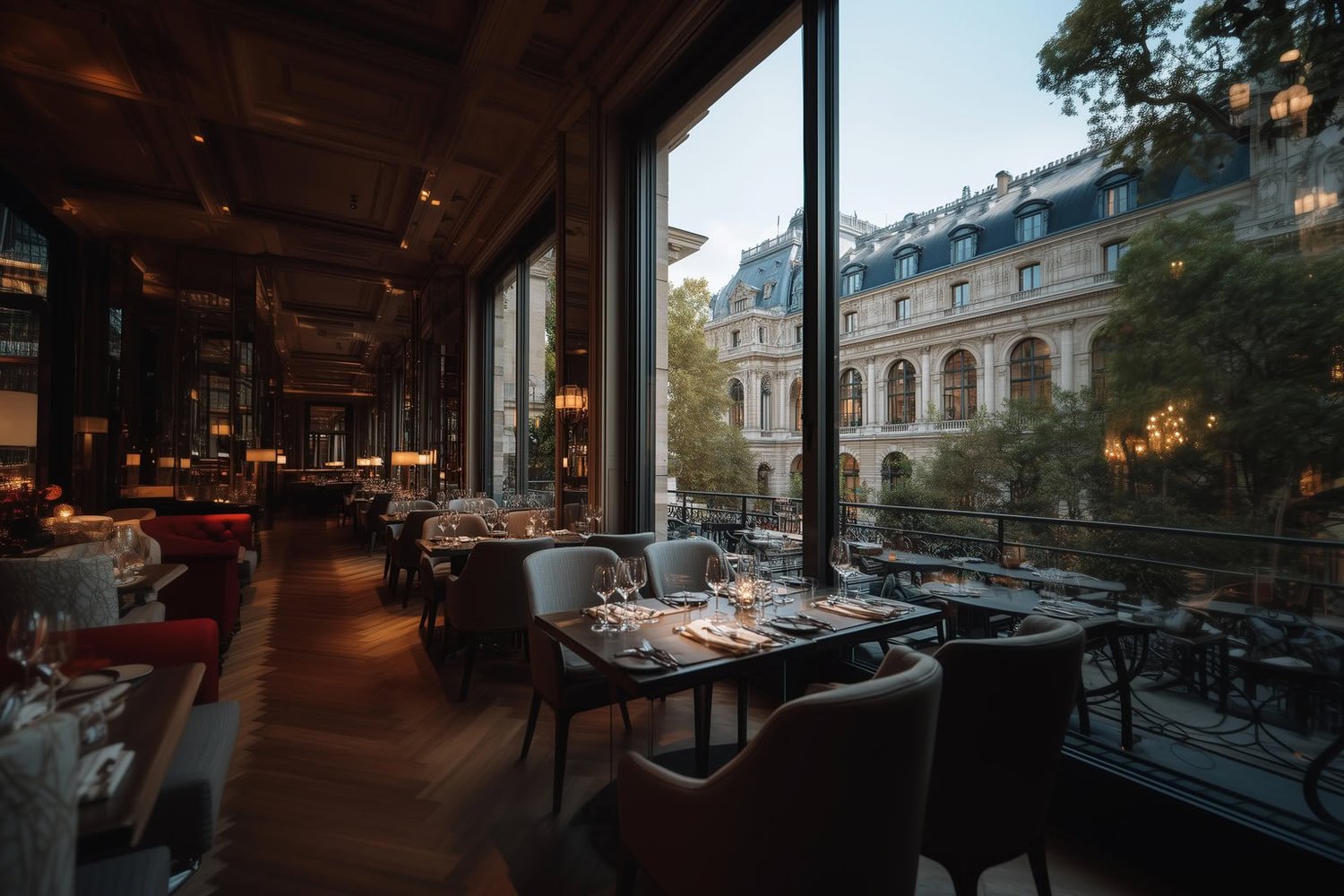 An elegant dining room with dark wood walls, mirrored panels, and large windows overlooking a classical building.