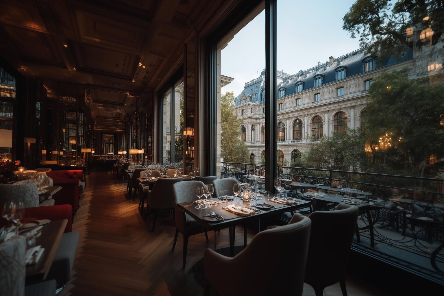 An elegant dining room with dark wood walls, mirrored panels, and large windows overlooking a classical building.
