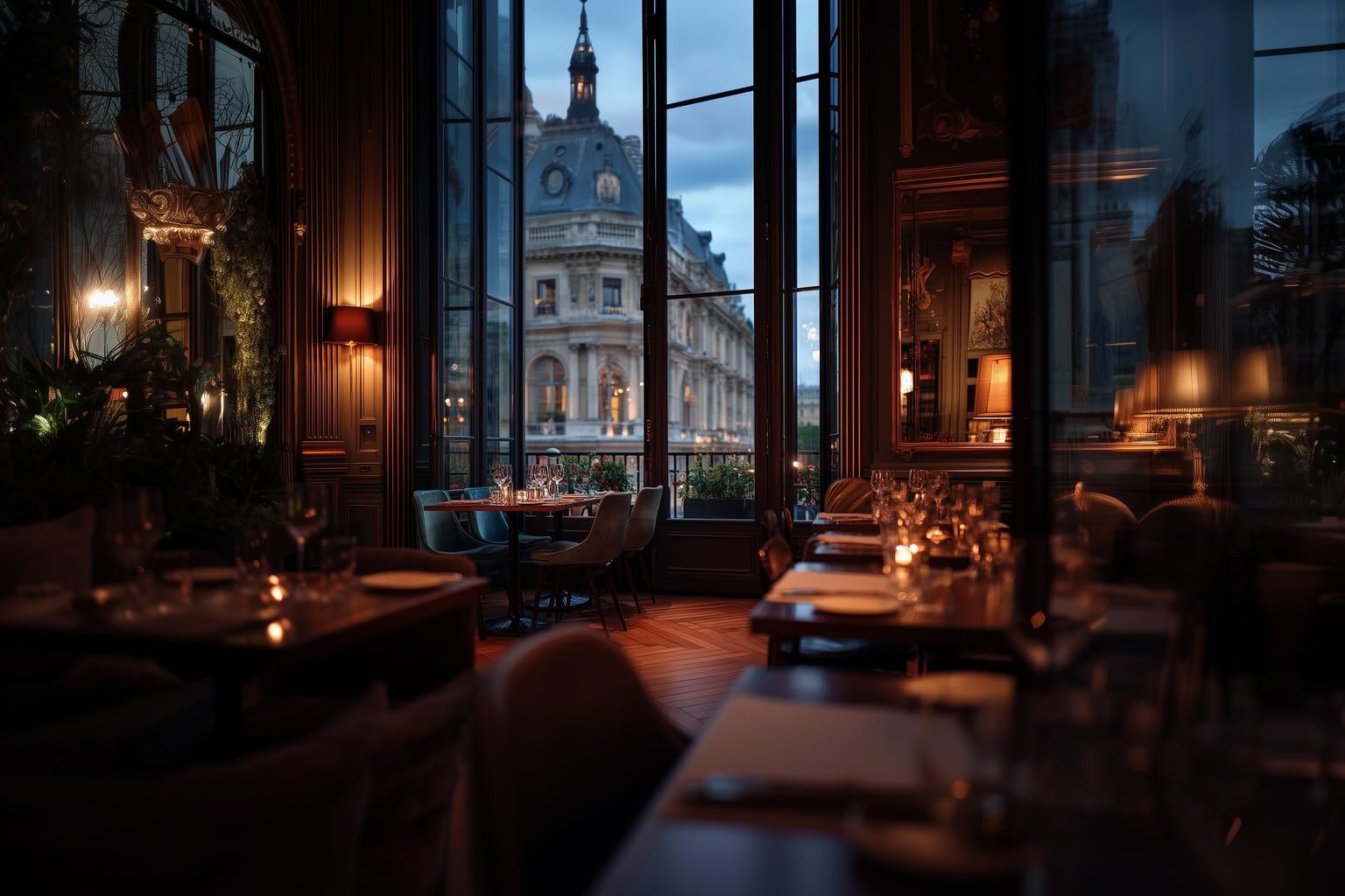 Restaurant interior featuring dark wood, plush seating, warm lighting, and a view of a historic building through large windows at dusk.