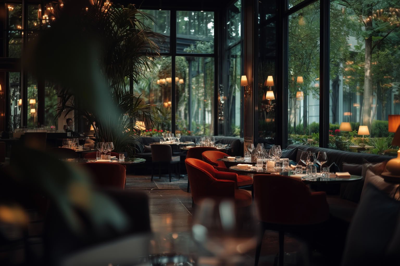 Restaurant dining room with plush seating, dark tables, large glass windows, and warm ambient lighting.