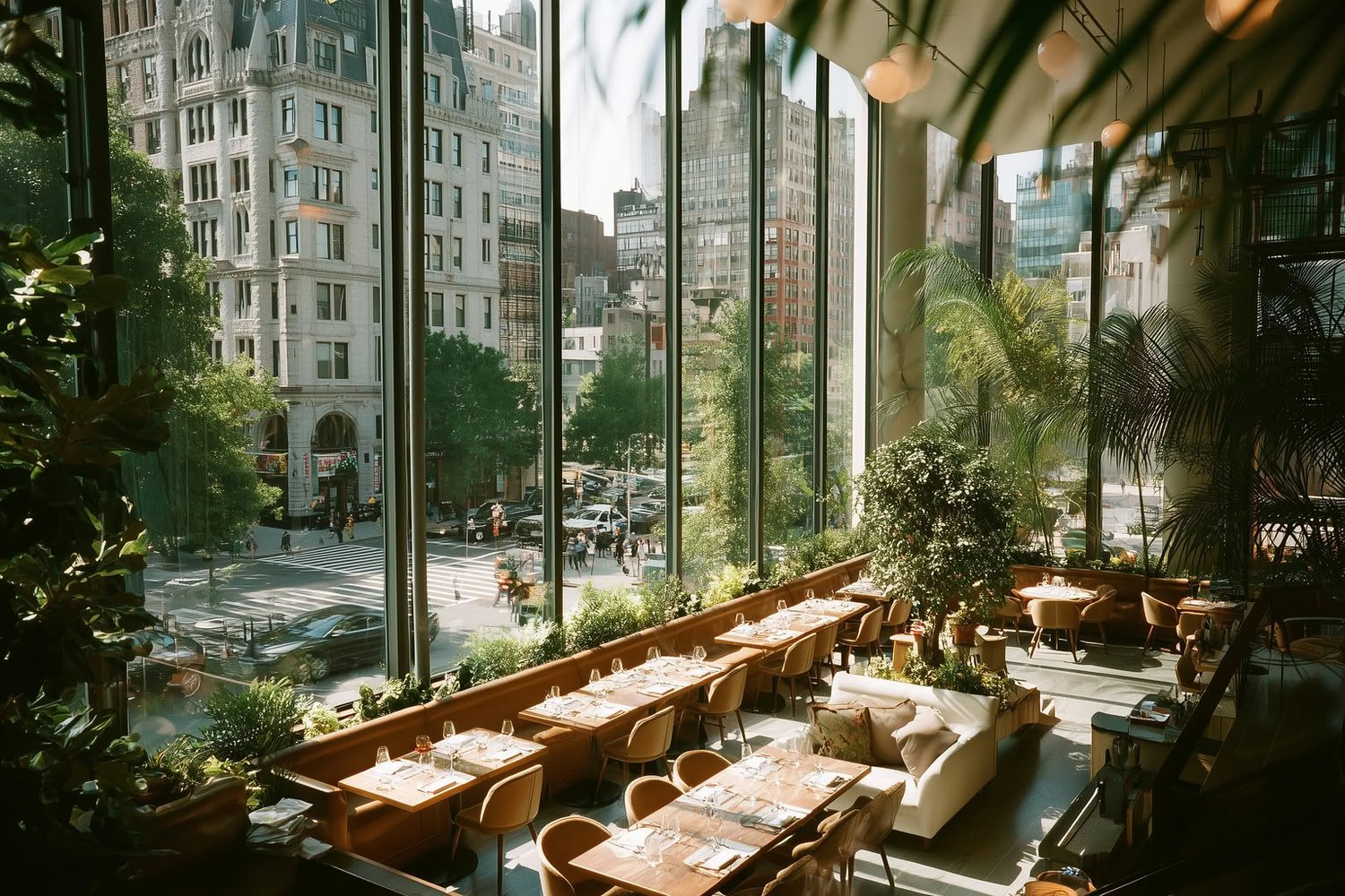 Bright restaurant interior with floor-to-ceiling windows, city street view, warm wood tables, and abundant green plants.
